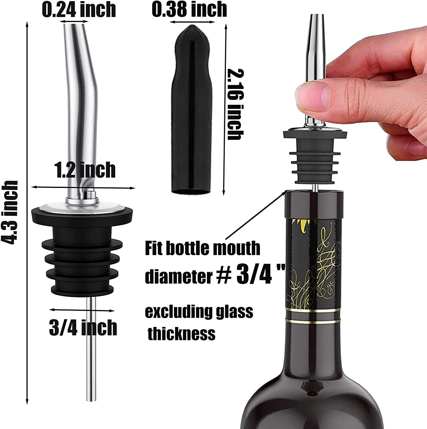 Pafusen 6 Pack Liquor Bottle Pourers, Liquor Pour Spout for Liquor Bottles, Stainless Steel Olive oil Dispenser Spout, Alcohol Pourer Spouts Dust Caps Long Covers, Sliver