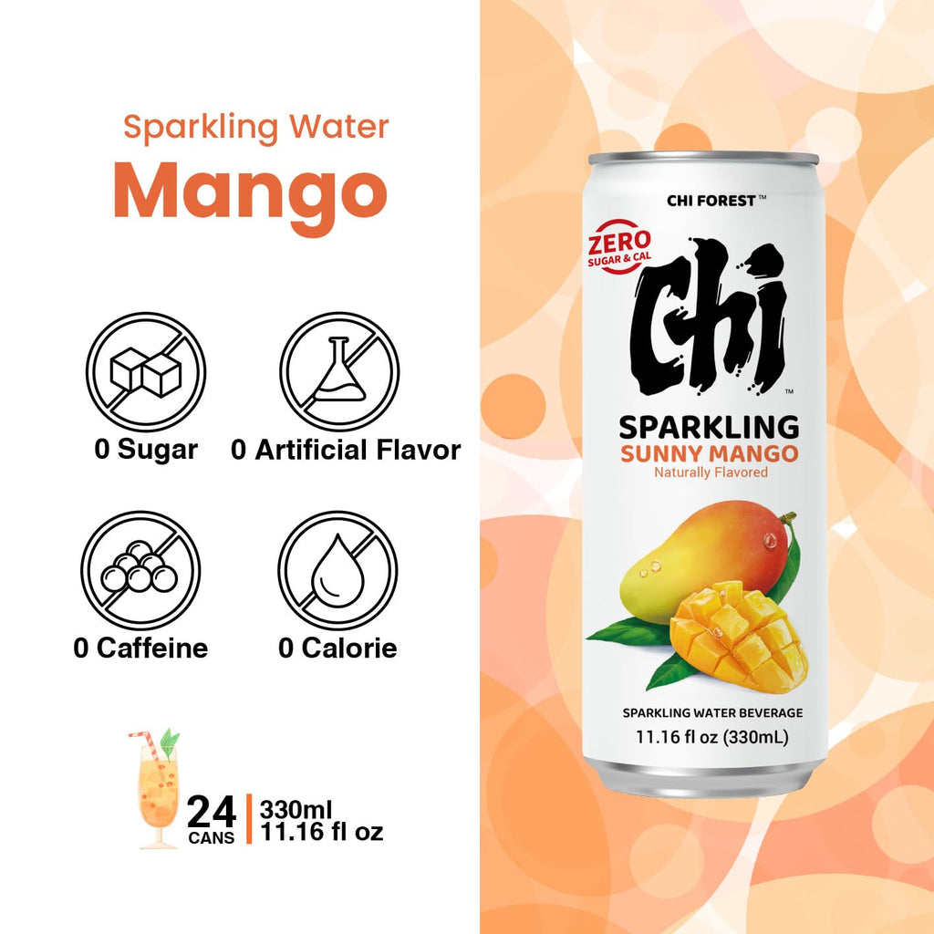 CHI FOREST Mango Sparkling Water Beverage, Zero Sugar Drinks, Zero Artificial Flavor, 11.16 fl oz Cans (Pack of 24)