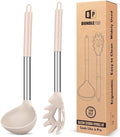 Silicone Pasta Fork and Ladle Spoon Set, Large Non Stick Kitchen Utensils for Cooking,Stirring,Serving Spaghetti, Soup, Sauce (KHAKI)