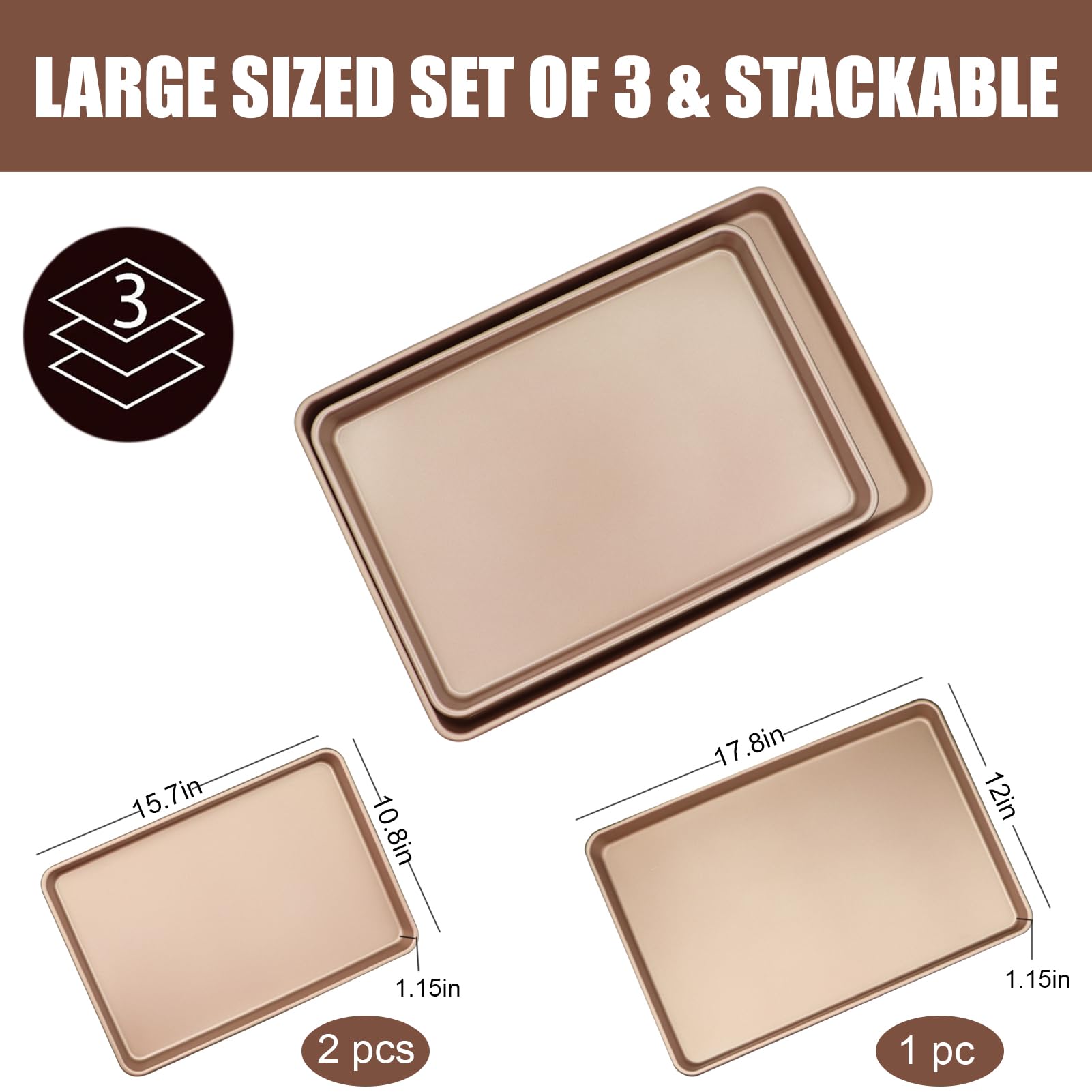 JOHO BAKING 3-Pack Nonstick Carbon Steel Baking Sheet Set | Heavy Duty 0.8mm Cookie Sheets - Large 17.8"x12" & 2 Medium 15.7"x10.8" Commercial Gold Pans for Oven, Roasting & Toaster