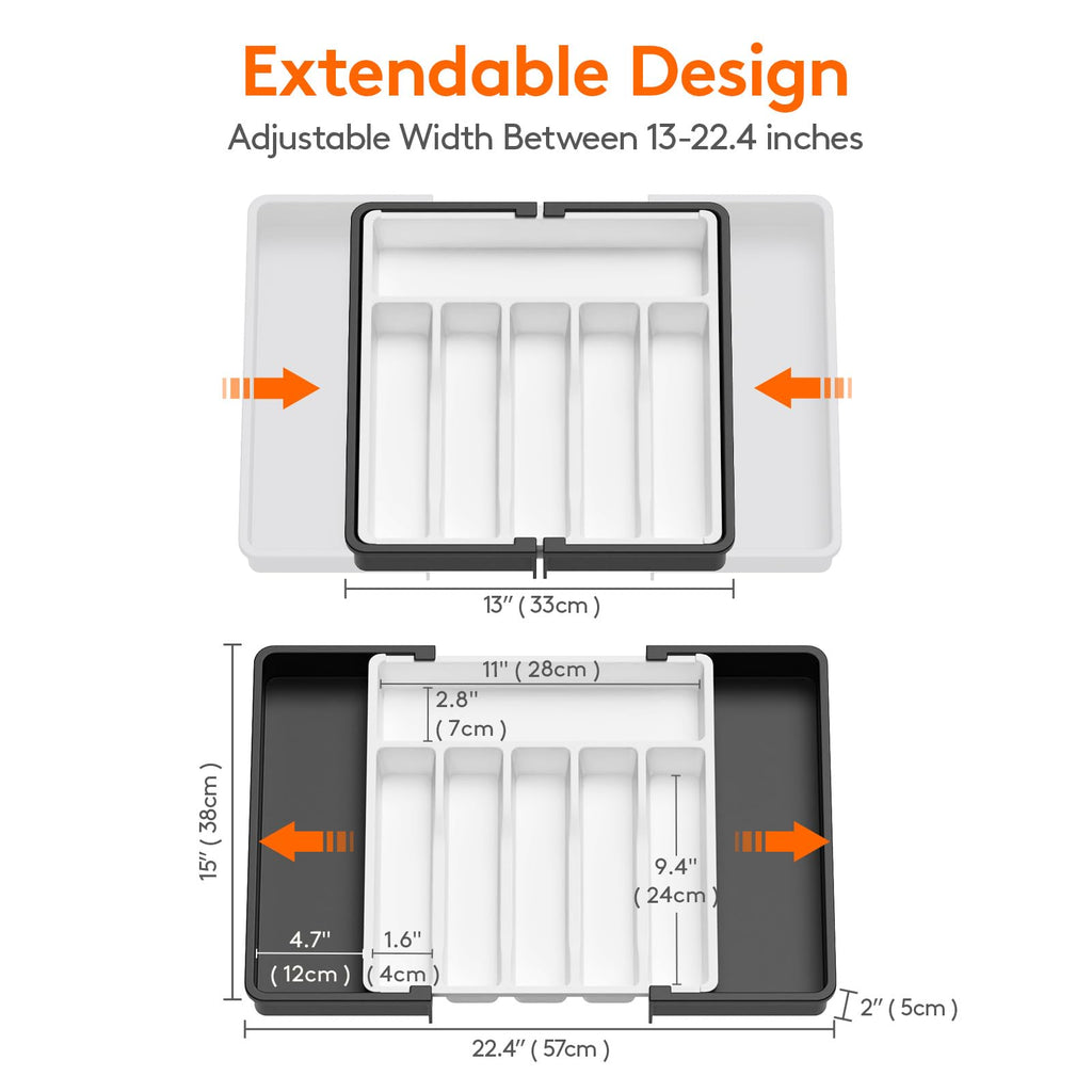 Lifewit Extra Large Silverware Drawer Organizer, Expandable Utensil Tray for Kitchen, BPA Free Flatware Cutlery Holder, Adjustable Plastic Storage for Spoons Forks Knives, 13-22 x 15, White&Black