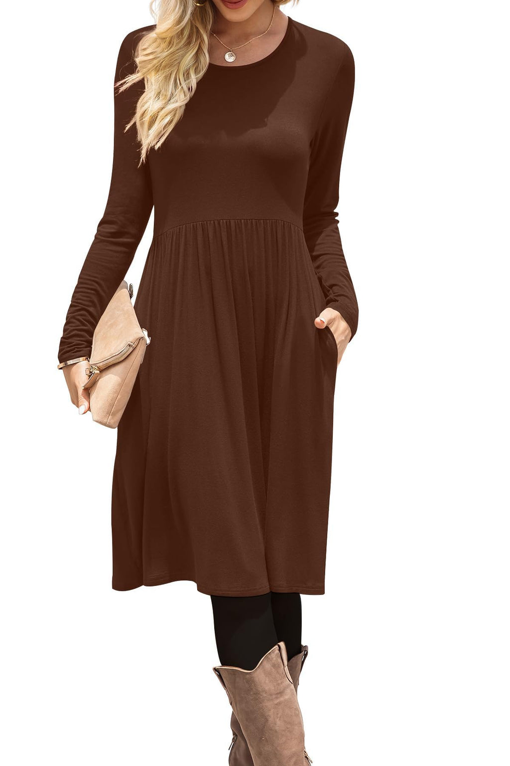 DB MOON Women Casual Long Sleeve Dresses Empire Waist Loose Dress with Pockets (Army Green, 2XL)