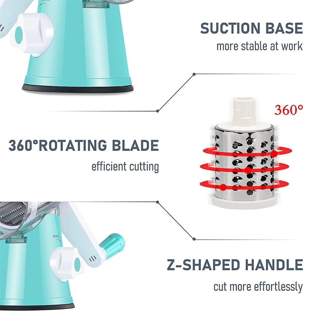 Maxceysen Rotary Cheese Grater with Handle Vegetable Shredder Round Kitchen Slicer Mandoline Grater for Vegetable, Nuts, Chocolate, Cheese, White, 3 Stainless Steel Blades