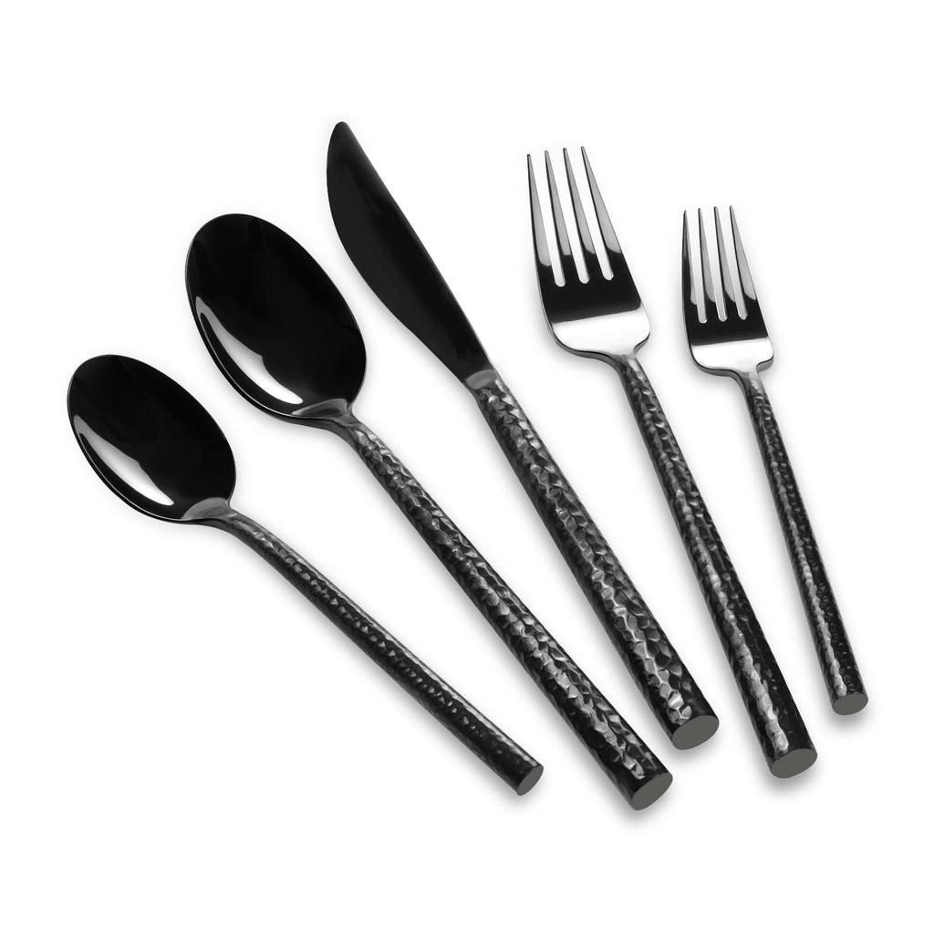 Kelenfer Gold Flatware Set Round Hammered Handle 20 Pieces Service for 4