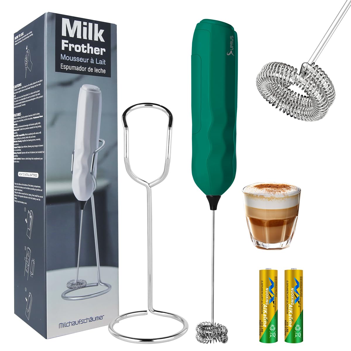 SUPRUS Ultra Fast Handheld Milk Frother Double Whisk with Stand 2 Batteries Stainless Steel for Lattes Cappuccino Matcha Hot Chocolate Coffee Bar Accessories Kitchen Gadgets Gift