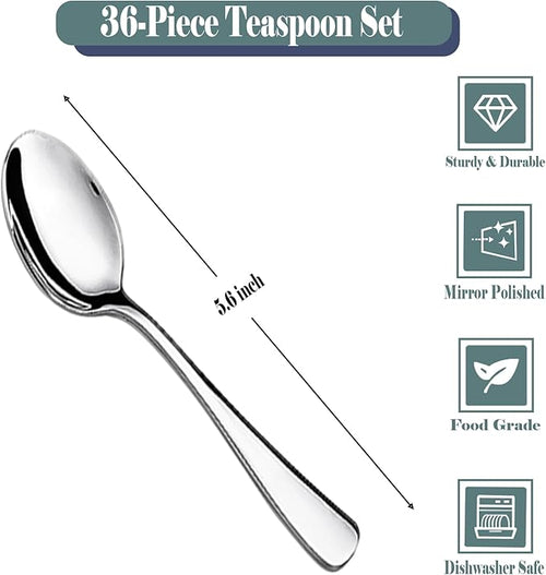 36-Piece Teas Spoons Set (5.6 inch), Stainless Steel Spoons Silverware, Dessert Spoons, Coffee Spoons,Table Spoon Use for Home, Kitchen and Restaurant - Mirror Polished, Dishwasher Safe