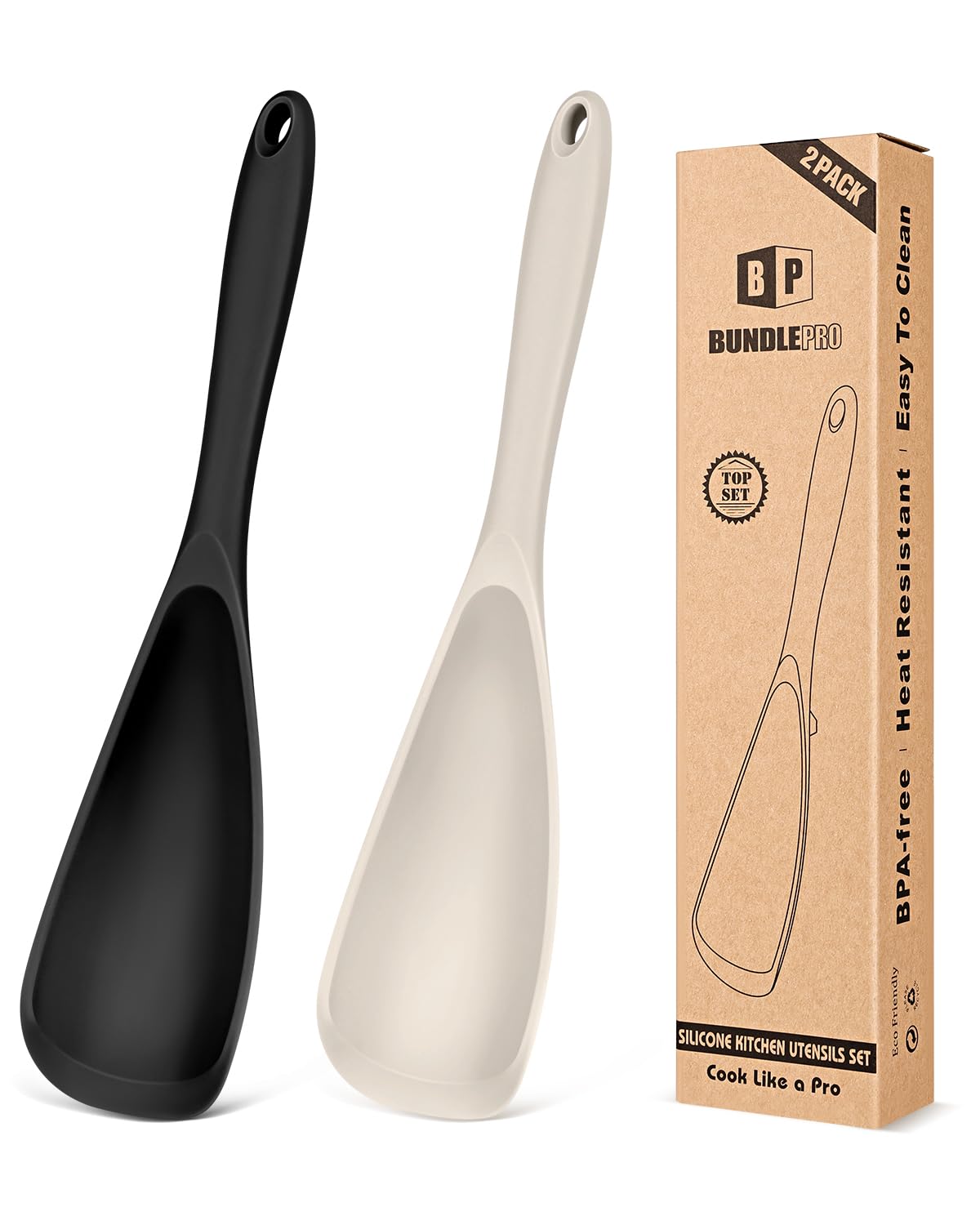 BUNDLEPRO Silicone Cooking Spoons for Nonstick Cookware, One-Piece, 2 Pack