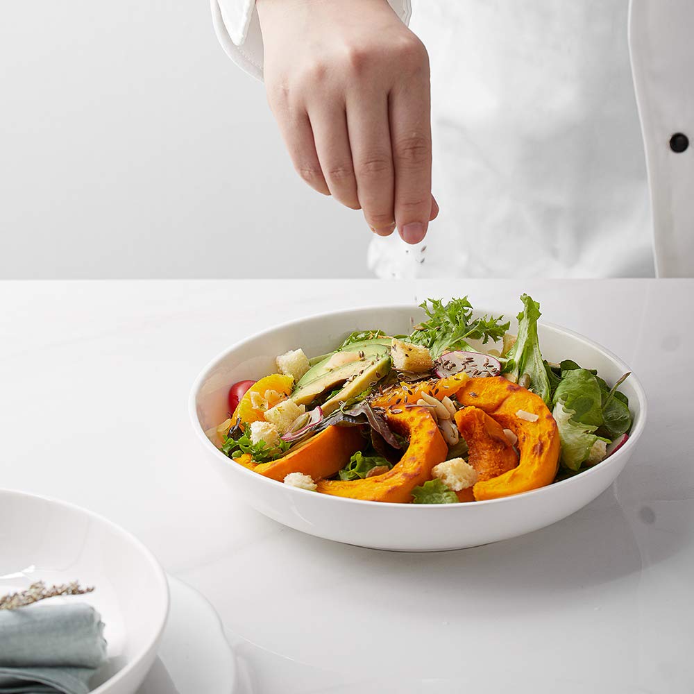 Y YHY Pasta Bowls 32oz, Ceramic Large Salad Serving Bowls, White Pasta Bowls Set, Shallow Soup Bowl Set of 4, Microwave & Dishwasher Safe