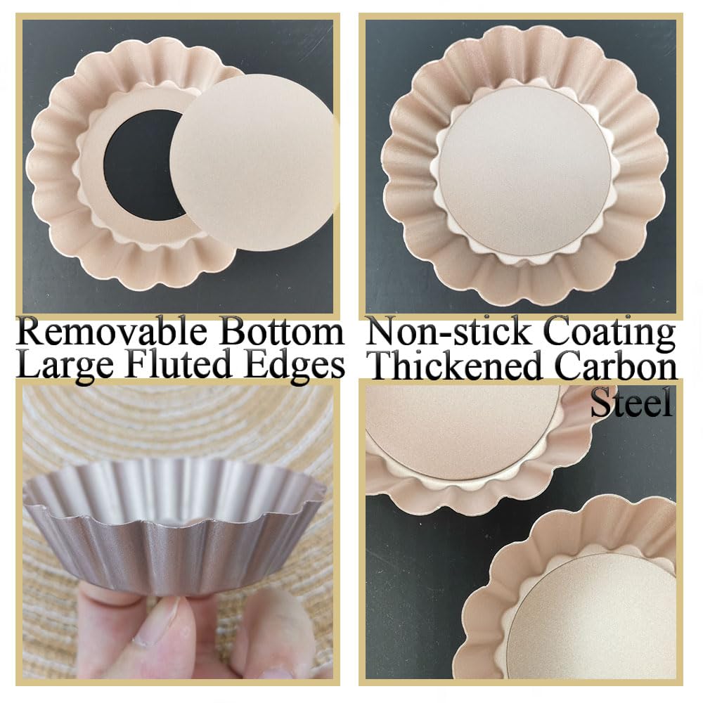DATANYA Mini Tart Pans Removable Bottom 3 Inch, Carbon Steel Nonstick Quiche Pan Pie Tart Tin Mold, 0.8inches High for Baking Tartlets, Pies, Cakes, Cupcakes - Premium Champagne Gold 12PCS