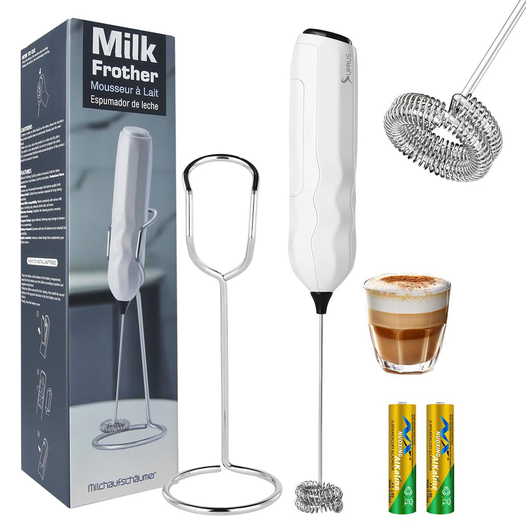 SUPRUS Ultra Fast Handheld Milk Frother Double Whisk with Stand 2 Batteries Stainless Steel for Lattes Cappuccino Matcha Hot Chocolate Coffee Bar Accessories Kitchen Gadgets Gift