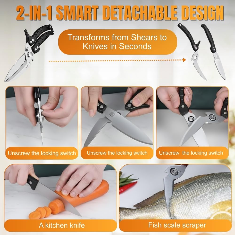 Poultry Shears Heavy Duty Professional, Kitchen Shears for Poultry,Turkey, Chicken & Bone Cutting, Multi-purpose kitchen Scissors Spring-Loaded, Dishwasher Safe, Meat Shear with Non-Slip Handle, Black