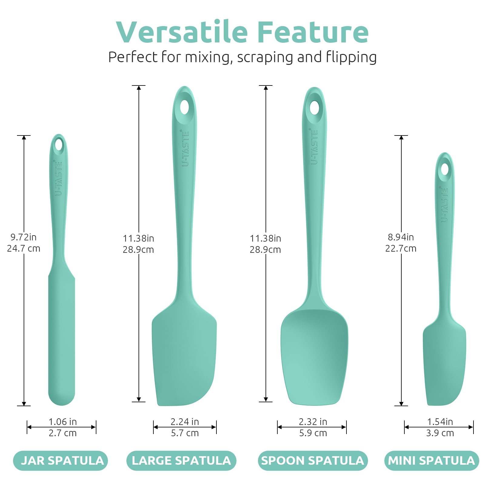 U-Taste Silicone Baking Spatula Set: 480ºF High Heat Resistant, Food Grade Flexible Rubber Kitchen Cooking Mixing Scraper, Food Grade Seamless Utensil for Nonstick Cookware Set of 3 (Aqua Sky)