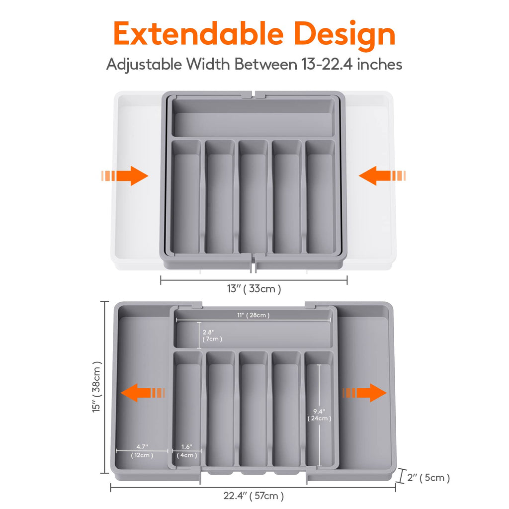 Lifewit Extra Large Silverware Drawer Organizer, Expandable Utensil Tray for Kitchen, BPA Free Flatware and Cutlery Holder, Adjustable Plastic Storage for Spoons Forks Knives, 13-22 x 15, Gray