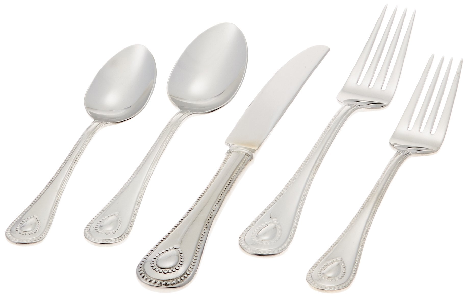 Lenox Silverware Set For 12, French Perle 65-Piece Flatware Set with Serving Utensils, Service For 12, Elegant 18/10 Stainless Steel Utensils with Beading, Knives Spoons & Forks (Silver, 65 Piece)