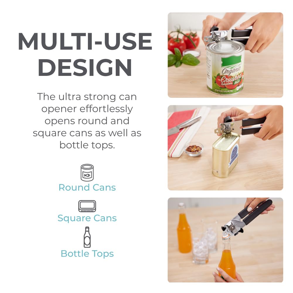 Kitchen Genie Slip Resistant Stainless Steel Manual Can Opener, Sharp Blade for Smooth Edge Cuts, Easily Open Cans, Ergonomic Handles with Easy to Turn Knob, Built-In Bottle Openers, Pitch Black