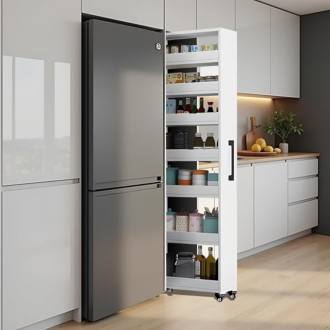 7-Tier Slim Storage Cart, Wooden Rolling Pantry Cabinet with Wheels, Narrow Shelf Organizer for Kitchen, Bakers Rack, Dining Room, Closet, Small Spaces Warm White 73.2''H*7.8''W*19.6''D