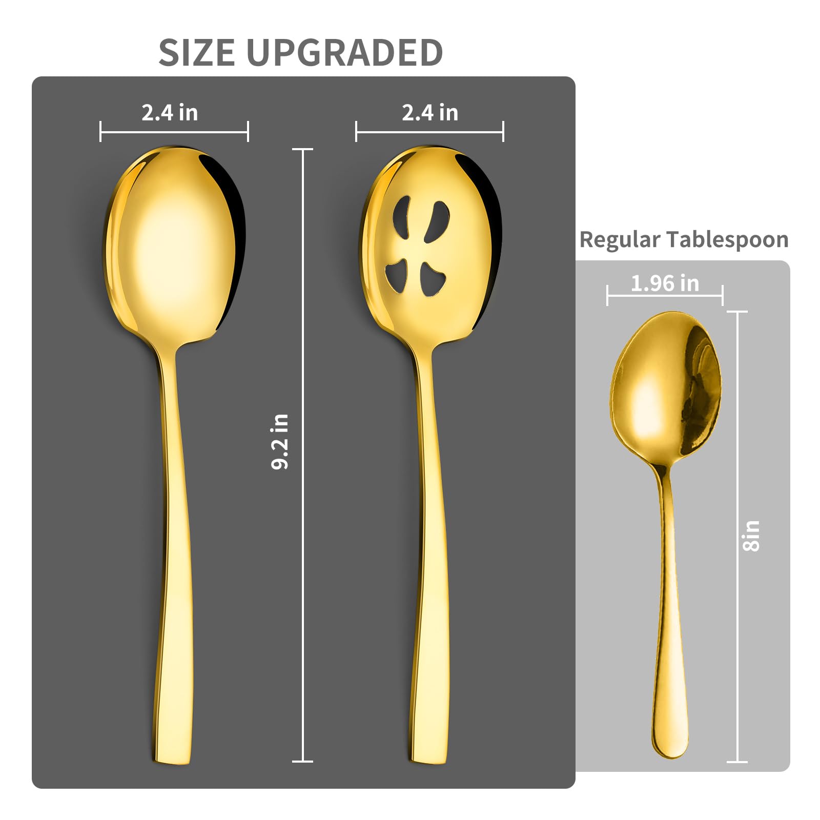 Keyoxy 6 Piece Stainless Steel Serving Spoons Set - 3 Large, 3 Slotted, 9.2-Inch, Dishwasher Safe, for Parties/Kitchen/Buffet/Catering,Gold