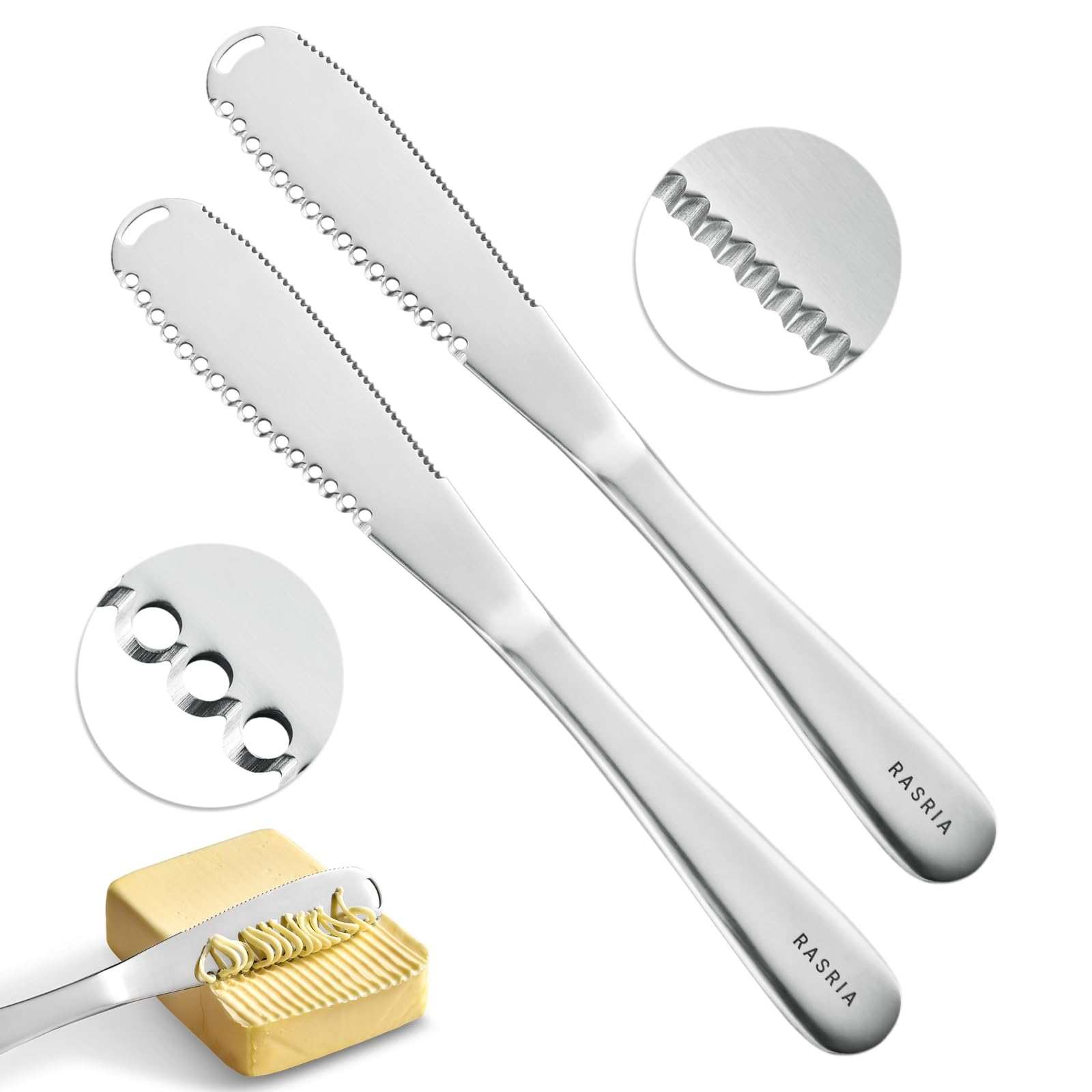 RASRIA 3-in-1 Stainless Steel Butter Knife for Cold & Hard Butter – Butter Spreader, Curler & Slicer with Crescent Hole