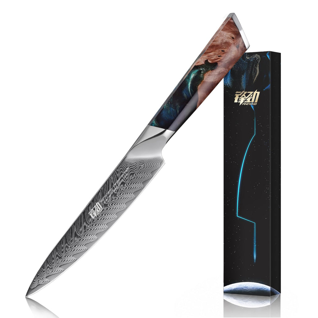 FINDKING Nebula Series Kitchen Utility Knife with ABS Sheath, Versatile Small Petty Knife, 10Cr15CoMov Damascus Blade, Resin and Figured Sycamore Handle, Full Tang, 5 Inch, Blue, for Fruit, Steak