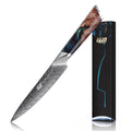 FINDKING Nebula Series Kitchen Utility Knife with ABS Sheath, Versatile Small Petty Knife, 10Cr15CoMov Damascus Blade, Resin and Figured Sycamore Handle, Full Tang, 5 Inch, Blue, for Fruit, Steak