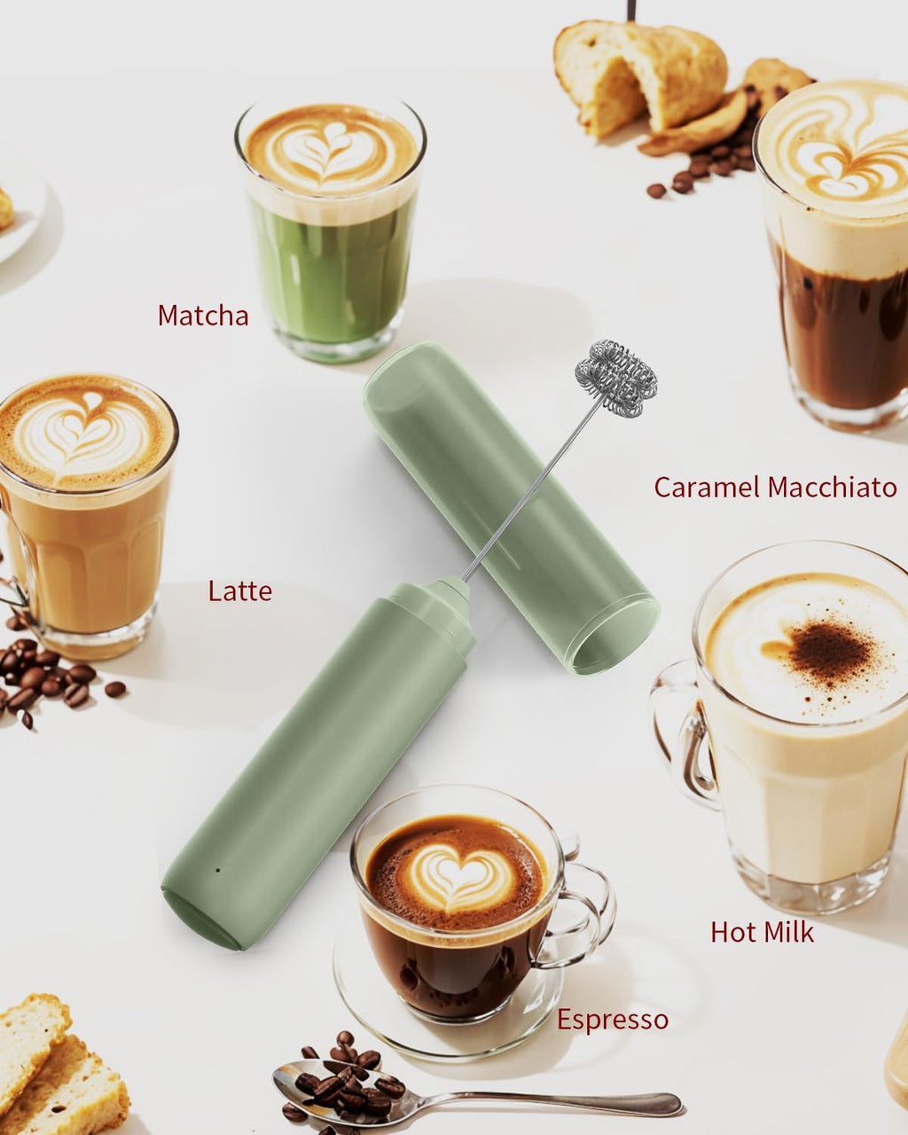 CIRCLE JOY Rechargeable Milk Frother Hanheld, Dual Ring Electric Coffee Frother, Portable Hand Frother Wand Drink Mixer for Matcha Lattes Cappuccino, Kitchen Gifts, Green