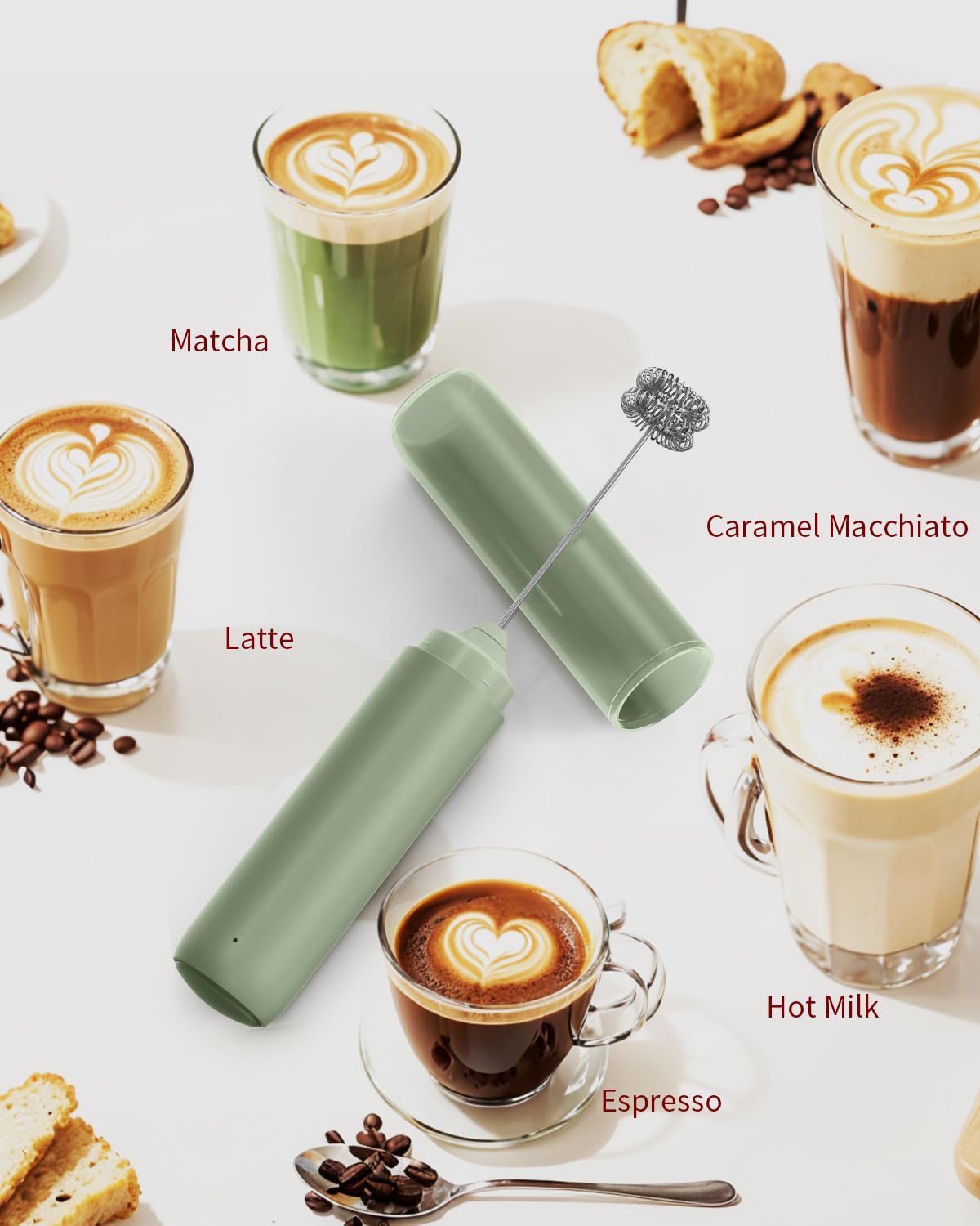 CIRCLE JOY Rechargeable Milk Frother Hanheld, Dual Ring Electric Coffee Frother, Portable Hand Frother Wand Drink Mixer for Matcha Lattes Cappuccino, Kitchen Gifts, Green