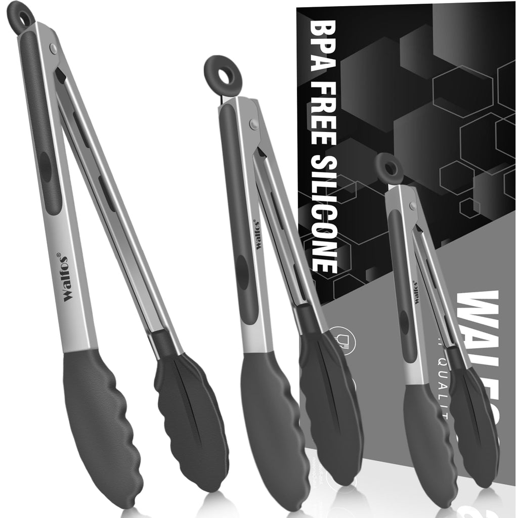 Food Grade Stainless Steel Kitchen Tongs for Cooking,BBQ - 7 ，9 and 12 Inch,Set of 3 Heavy Duty Locking Metal Food Tongs Non-Slip Grip