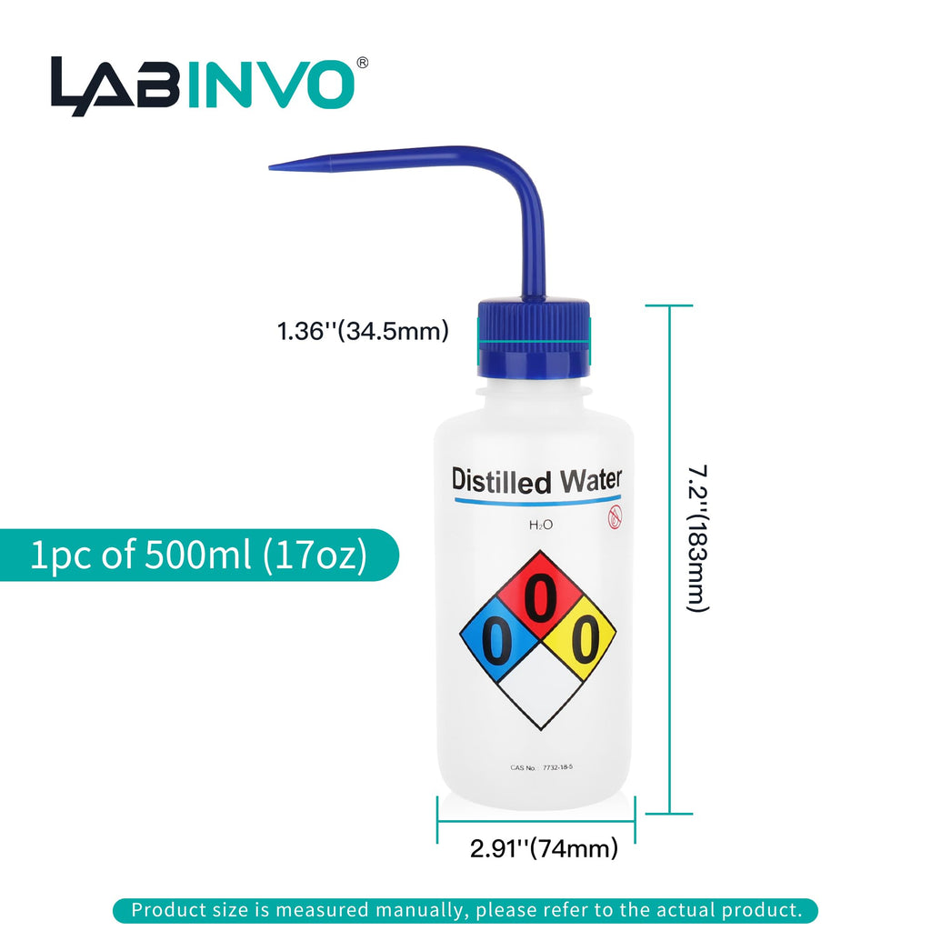 LABINVO Distilled Water Wash Bottles, 1 PC of Vol.500ml (17oz), Narrow Mouth, Self-Venting Safety Wash Bottles, LDPE Material,IN-WBD501