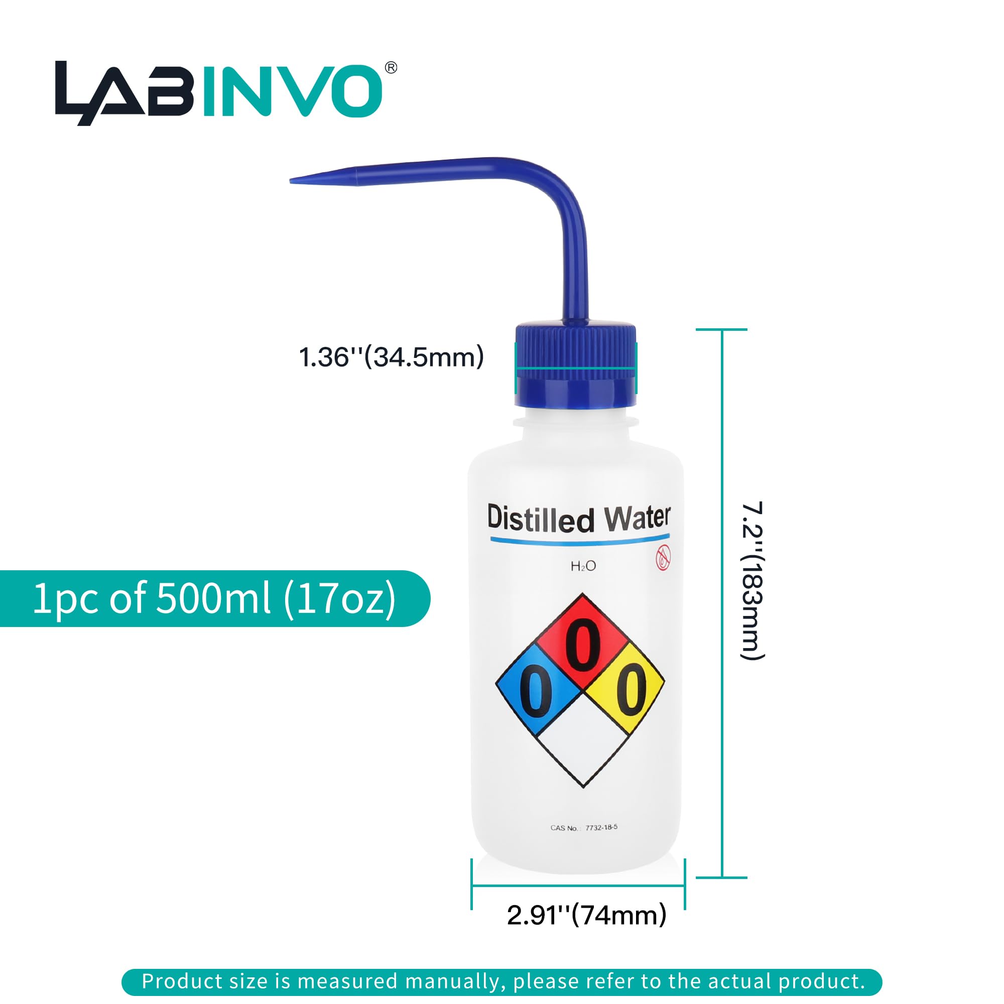 LABINVO Distilled Water Wash Bottles, 1 PC of Vol.500ml (17oz), Narrow Mouth, Self-Venting Safety Wash Bottles, LDPE Material,IN-WBD501