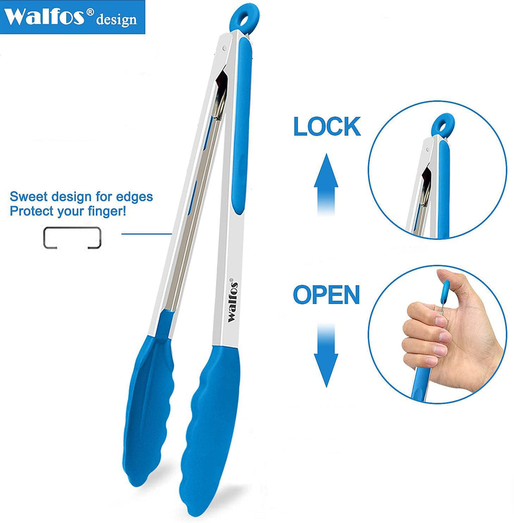 Walfos Kitchen Tongs - 7" 9" and 12" Heat Resistant Food tongs, Thickened Stainless Steel and BPA Free Silicone Tips, Great for Cooking, Grilling, Turning, Dishwasher safe(3 blue silicone tongs)