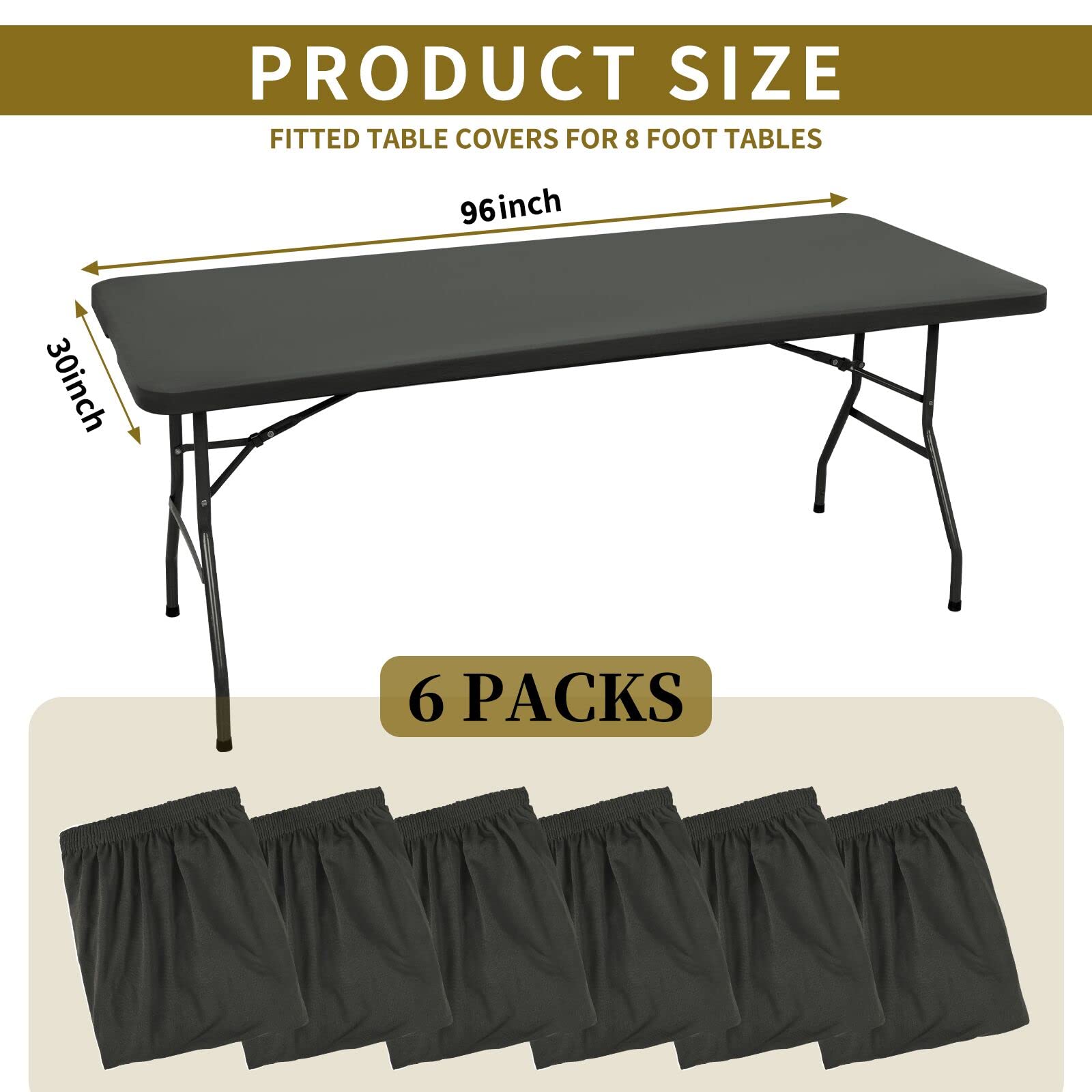 6 Pack Stretch Fabric Table Top Cap Cover, fits 8' Tables, Spandex Table Covers Washable Elastic Universal Rectangle Tablecloth Protector for Indoor Outdoor Party Picnic Wedding, Gray, 30" W x 96" L