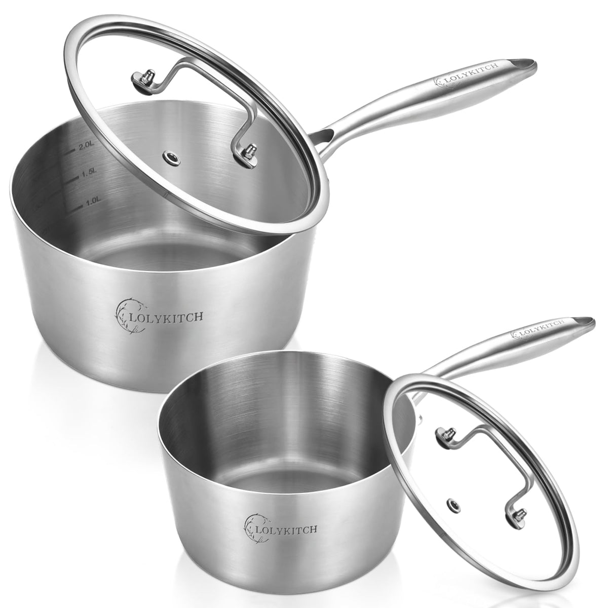 LOLYKITCH 1 & 2 & 3QT Stainless Steel Saucepan Set with Glass Lids