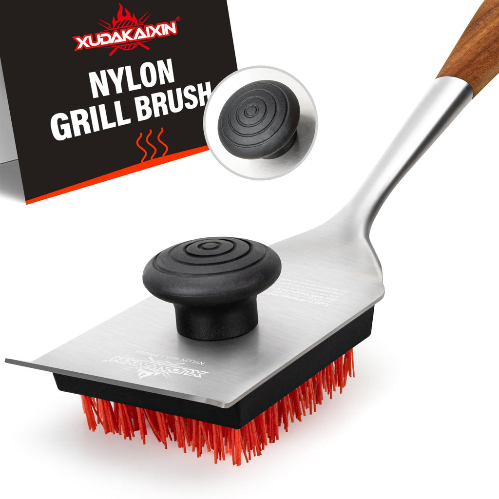 XUDAKAIXIN Grill Brush and Scraper, Dual Grip Design,Extra Strong BBQ Cleaner Accessories,Safe Nylon Bristles Barbecue Triple Scrubbers Cleaning Brush for Cast Iron Grates/Porcelain/Charcoal Grill