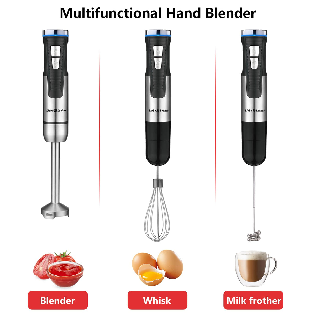 Liebe&Lecker Cordless Immersion Blender, 3-in-1 Handheld Stick Blender