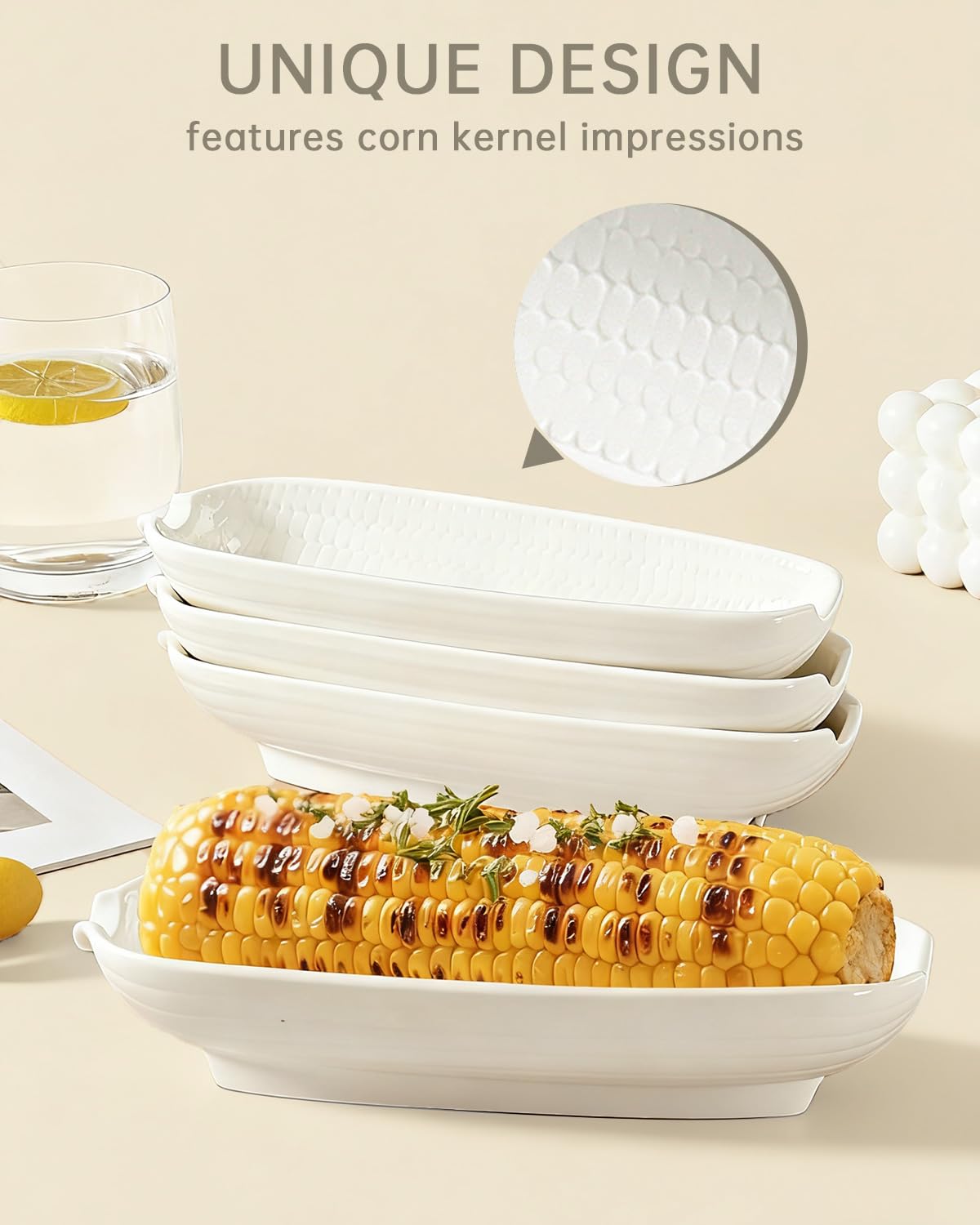 Ceramic Corn Cob Holders, 9" Corn on the Cob Dishes Set of 4, White Corn Cob Dishes with Non-Slip Bottom, With 8 Corn Cob Holders, Microwave Dishwasher Oven Safe