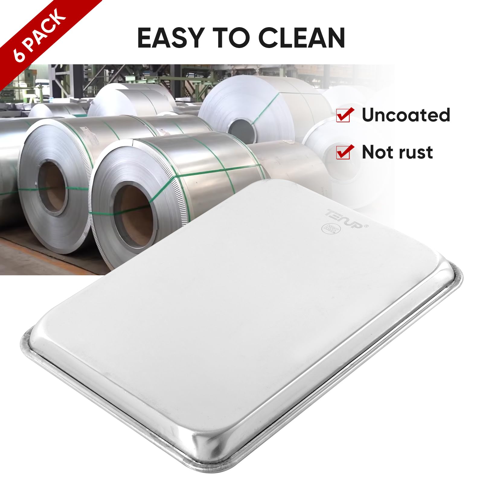 TENUP 6 Pack Aluminum Quarter Sheet Pan, 13" x 9" Heavy Duty Commercial Baking Tray Reinforced Rim, Warp-Resistant Rust-Free