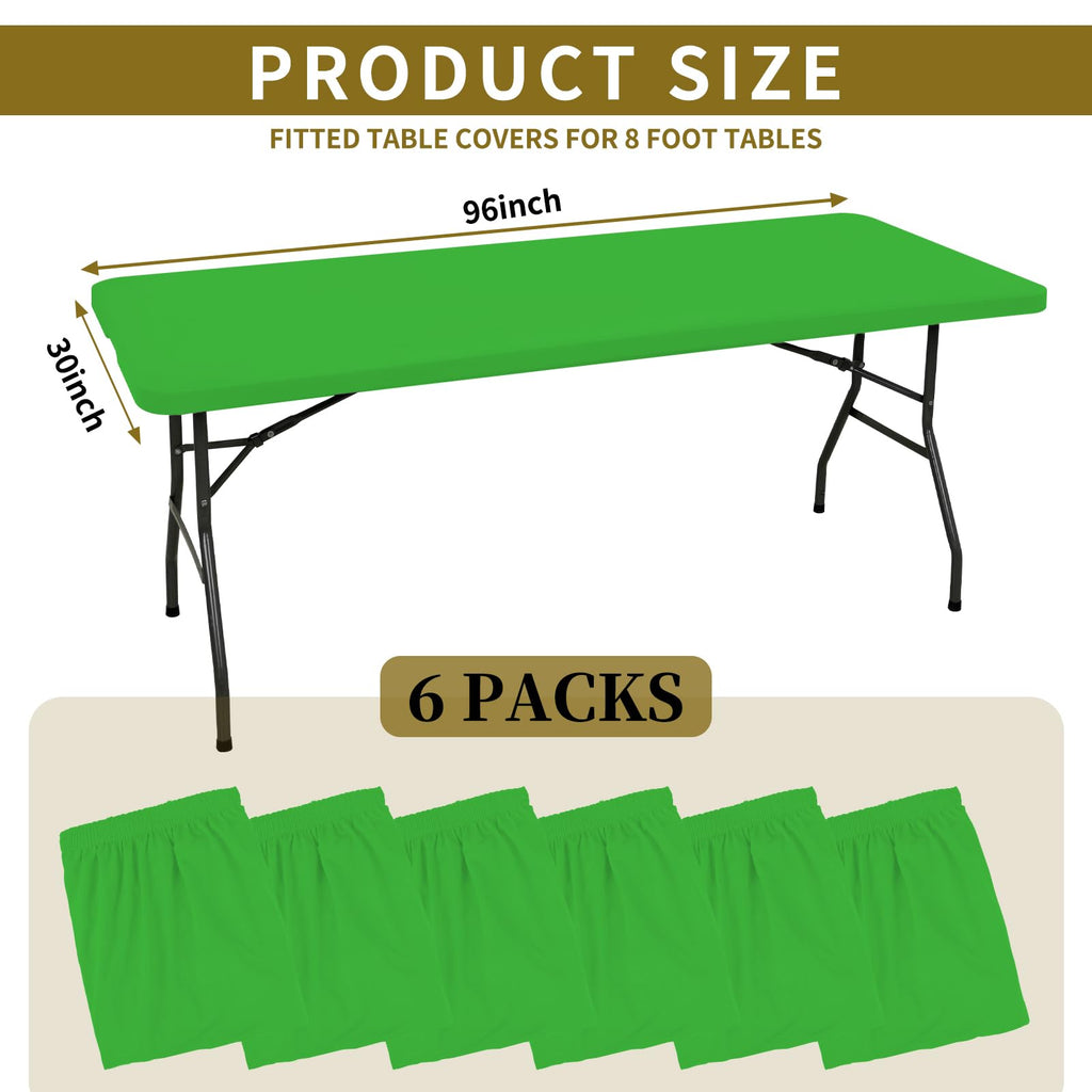 6 Pack Fitted Tablecloth for 8 Foot Rectangle Tables, Green Elastic Outdoor Picnic Table Cover, Washable Stretch Folding Table Cloths 8 ft for Camping Party Patio Kitchen Banquet, 30" W x 96" L