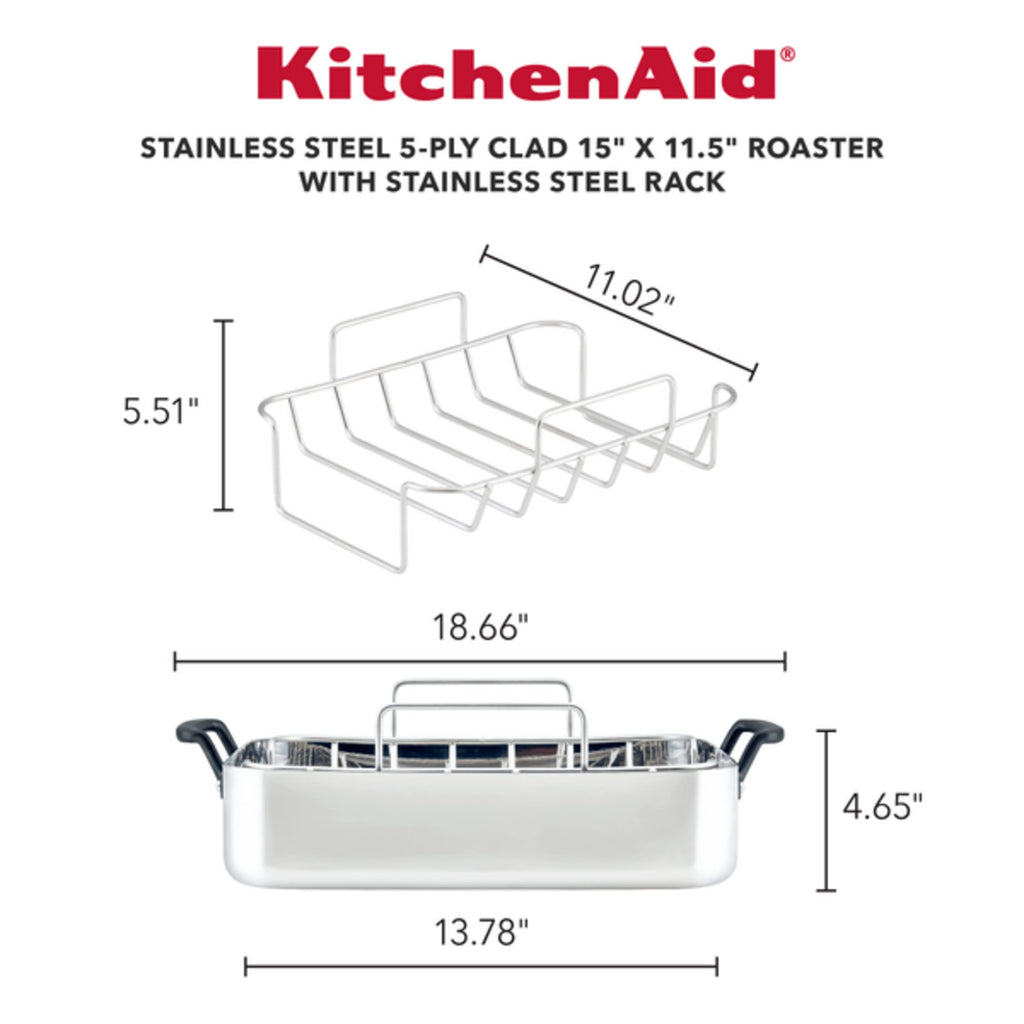 KitchenAid 5-Ply Clad Stainless Steel Roaster with Wire Rack, 15x11.5 inch