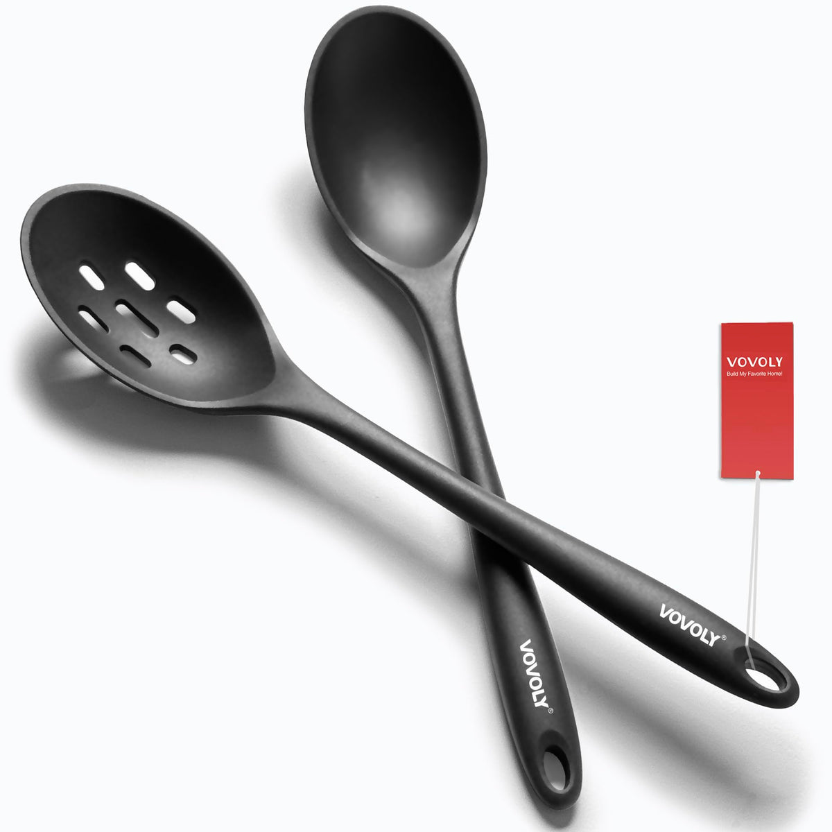 Vovoly Silicone Spoons for Cooking - Extra Large Solid & Slotted Set, Red