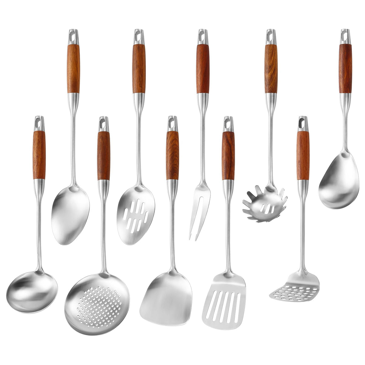 Izurok18/10 Stainless Steel Kitchen Utensils Set,10 Piece Cooking Utensils With Wood Handle,Heat Resistant Kitchen Tool Set With Spatula,Spoon,Ladle,Skimmer,Slotted Turners,Pasta,Turner,Ladl,Fork