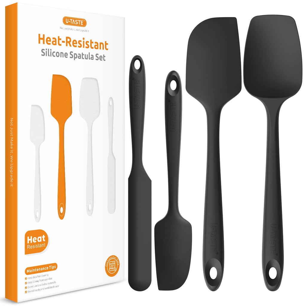 Heat Resistant Silicone Spatula Set: U-Taste 600ºF High Temp Seamless Food Grade Utensil, Flexible Rubber Silicon Kitchen Cooking Mixing Baking Scraper for Nonstick Cookware Set of 4 (Black)