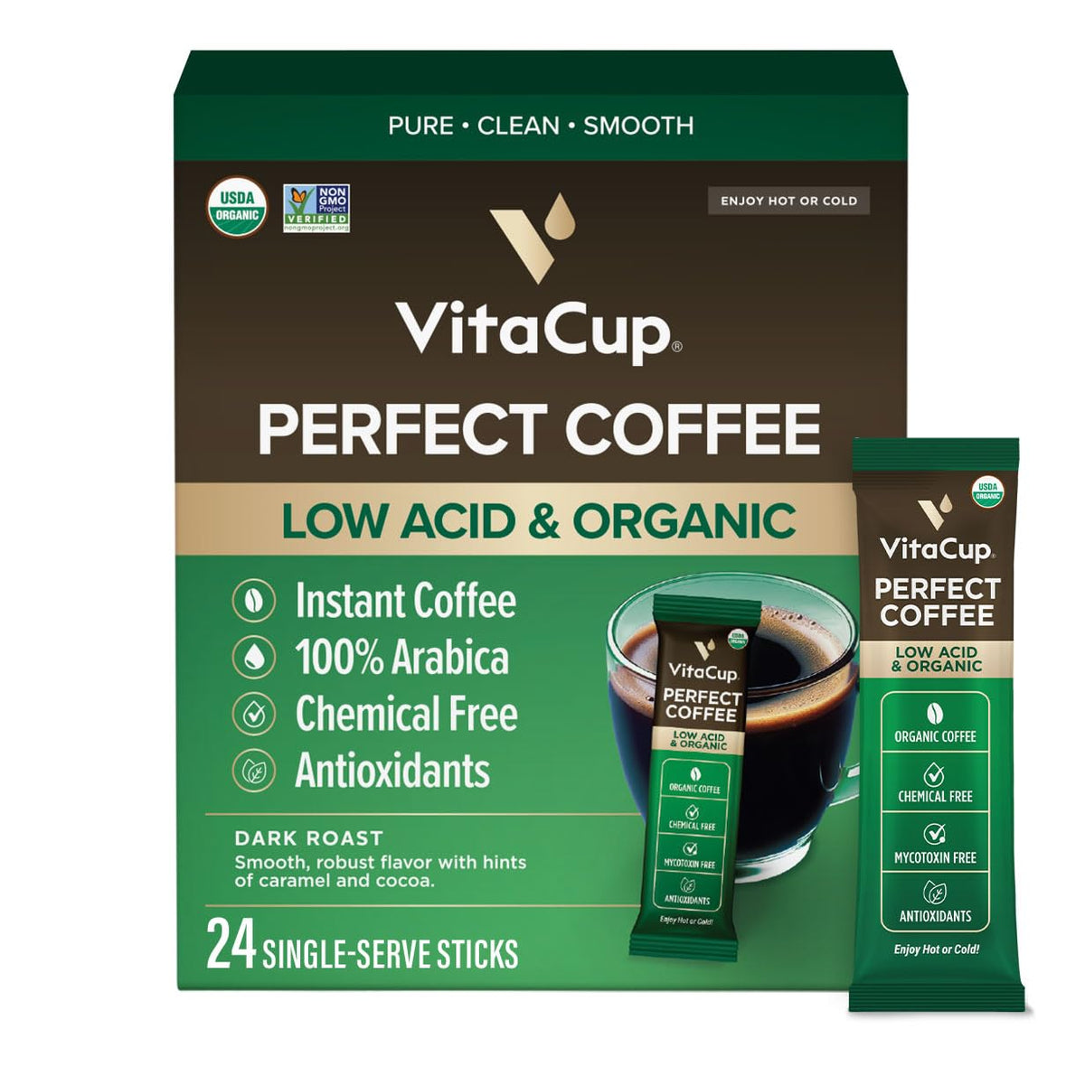 VitaCup Perfect Low Acid USDA Organic Instant Coffee Packets 24ct
