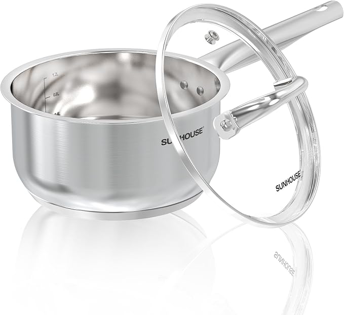 Sunhouse: Stainless Steel Saucepan - Classic: 2 Quart - Tempered Glass Lid, 3-Ply Bottom, Round-Edge Cookware Pot, All Cooktop-Oven-Dishwasher Safe