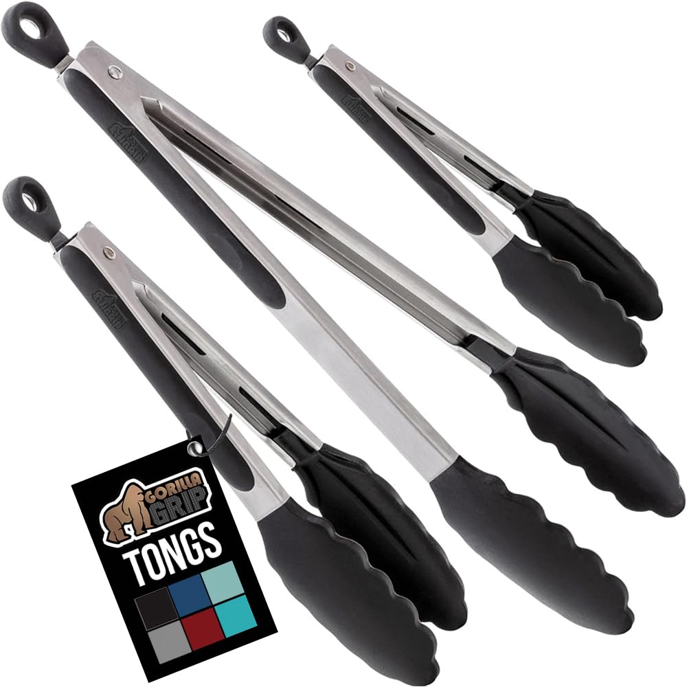 GORILLA GRIP Stainless Steel BPA-Free Kitchen Tongs for Cooking, 7+9+12 Inch, Heat Resistant BBQ Tong Set of 3, Non Scratch Silicone Tip for Pan, Strong Grip, Grab Food, Toss Salad, Pull Lock, Black