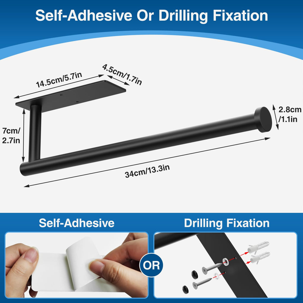 Paper Towel Holder,Self-Adhesive or Drilling， Matte Black, 1 Pack