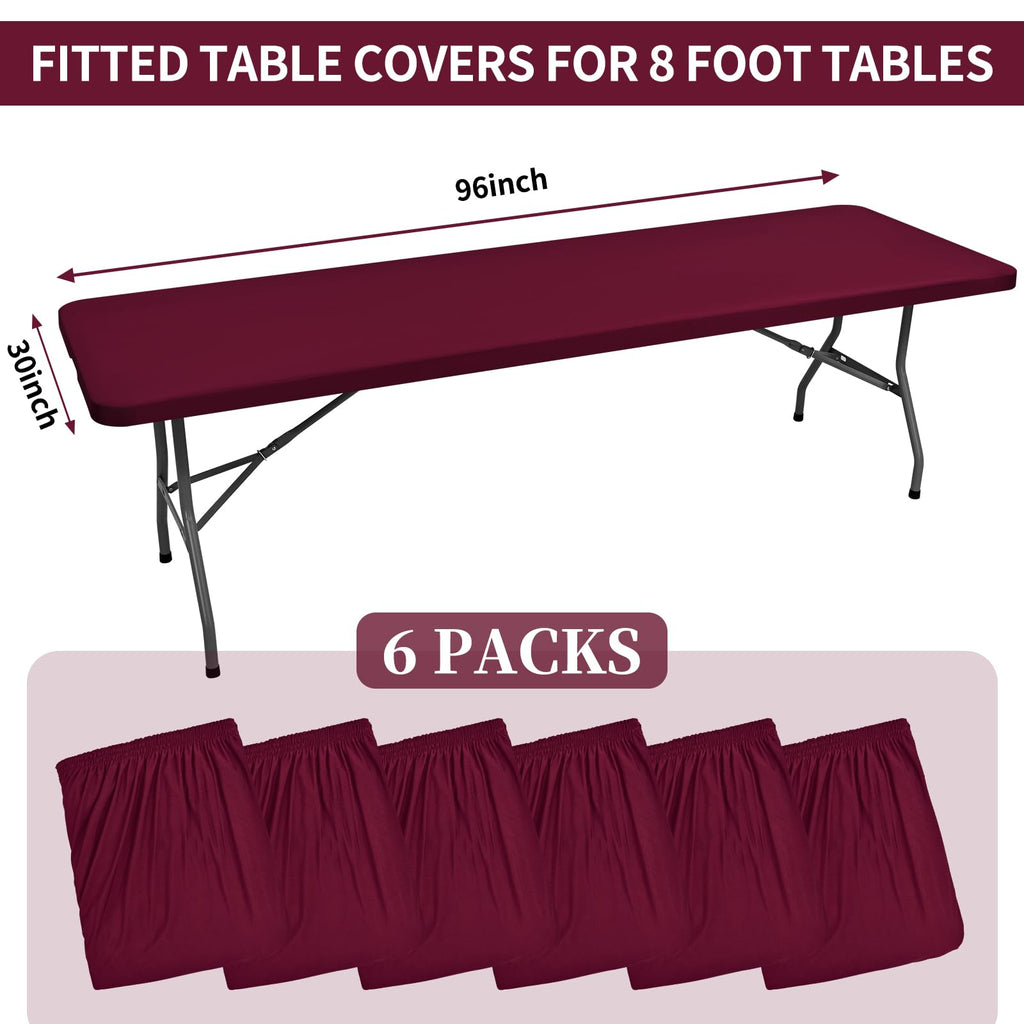 REWOMC 6 Pack Stretch Fabric Table Top Cap Cover, fits 8' Tables, Spandex Table Covers Washable Elastic Rectangle Tablecloth Protector for Indoor Outdoor Party Picnic Wedding, Wine Red, 30" W x 96" L