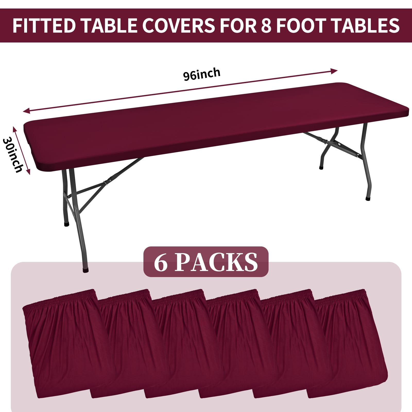 REWOMC 6 Pack Stretch Fabric Table Top Cap Cover, fits 8' Tables, Spandex Table Covers Washable Elastic Rectangle Tablecloth Protector for Indoor Outdoor Party Picnic Wedding, Wine Red, 30" W x 96" L