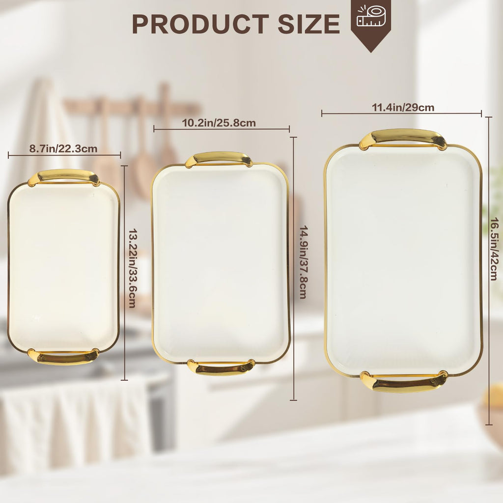 Aayoruro Serving Tray with Handles Set of 3 Rectangular Large Serving Platters 16.5/14.9/13.2 Inch White Plates for Dinner, Party, Entertaining, Cream Gold