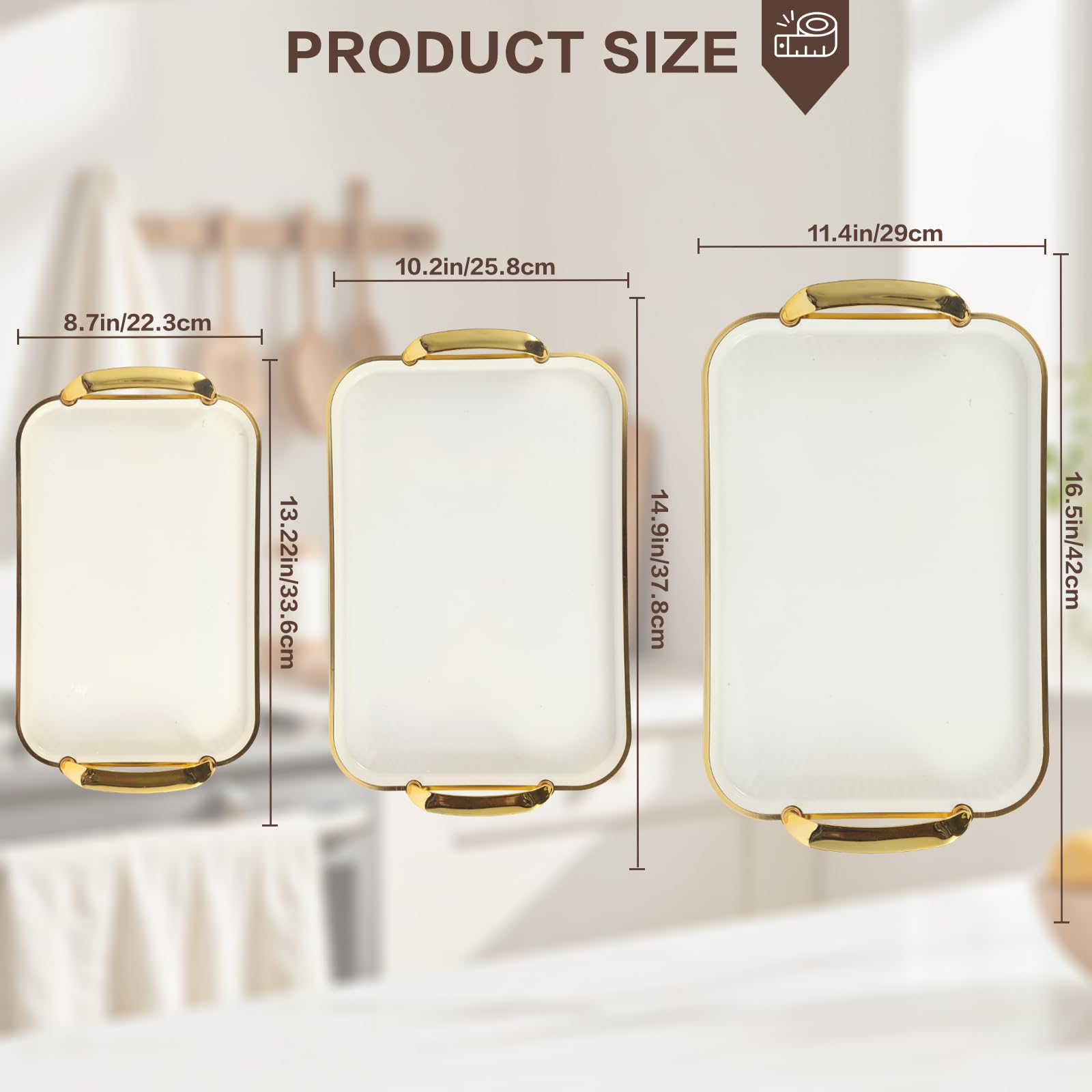 Aayoruro Serving Tray with Handles Set of 3 Rectangular Large Serving Platters 16.5/14.9/13.2 Inch White Plates for Dinner, Party, Entertaining, Cream Gold