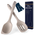 HOTEC Heat Resistant Silicone Cooking Spoon Spatula, Large Kitchen Solid and Slotted Spoons for Mixing, Serving, Scraping, Non-stick, Dishwasher Safe Khaki 12.5inch